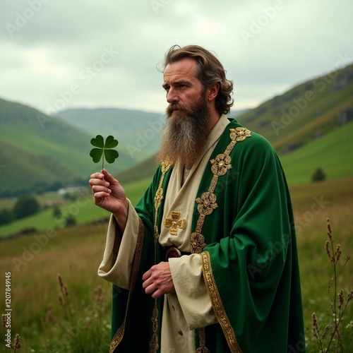 Saint Patrick Holding a Shamrock in a Peaceful Irish Countryside