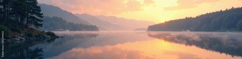 Fototapeta premium Calming lake scene at dawn with mist rising from water, landscape, peaceful