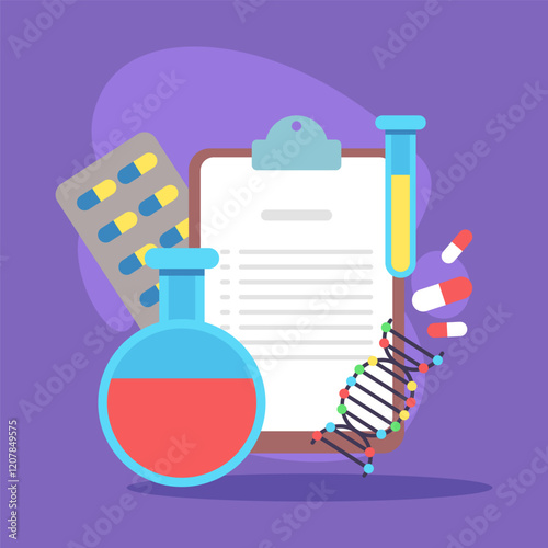 Various scientific elements displayed on purple background, including clipboard with report, test tubes, flask, DNA structure, and medicine. Research and health concept