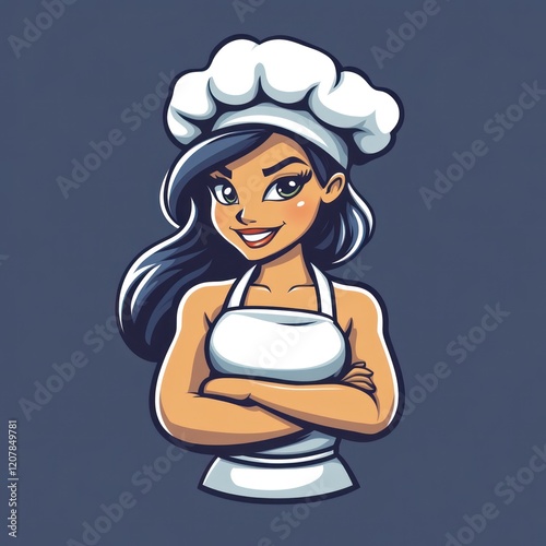 Cartoon chef woman portrait, confident pose, food illustration, background is dark photo