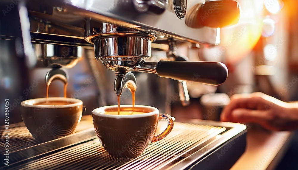 Professional brewing - coffee bar details. Espresso coffee pouring from espresso machine. Barista details in cafe shop, freshness Professional brewing - coffee bar details. Espresso coffee pouring from espresso machine. Barista details in cafe shop, freshness