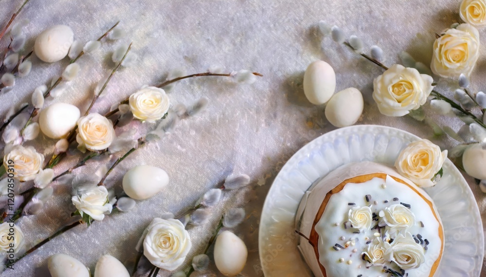 Fototapeta premium Delicate Easter cake decorated with white flowers and eggs on a soft background