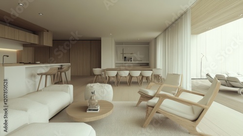A white and wood living room featuring a stylish sofa and a matching armchair. photo