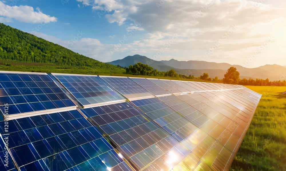 A picturesque solar farm with panels glistening under the sun, set against a backdrop of lush green hills and mountains.
