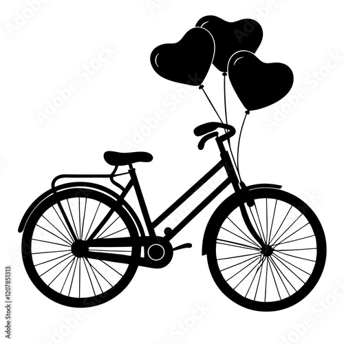 Bicycle with Heart Balloons vector silhouette