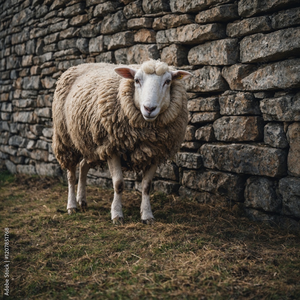 Fototapeta premium A sheep standing near a crumbling stone wall on the farm.