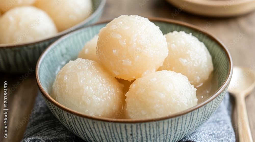 Delicious and Traditional Indian Sweet Dish of Soft and Spongy Rasgulla Served in a Bowl with Sugar Syrup and a Rustic Wooden Background Delicious and Traditional Indian Sweet Dish of Soft and Spongy Rasgulla Served in a Bowl with Sugar Syrup and a Rustic Wooden Background