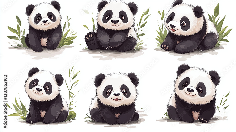 Obraz premium Set of different Panda characters. Isolated on white background. Wild animal cartoon design of panda in different pose, bamboo, sitting, sleeping. Adorable bear mascot illustration for sticker.