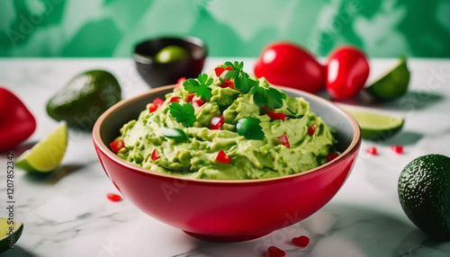 Red bowl of traditional guacamole. 