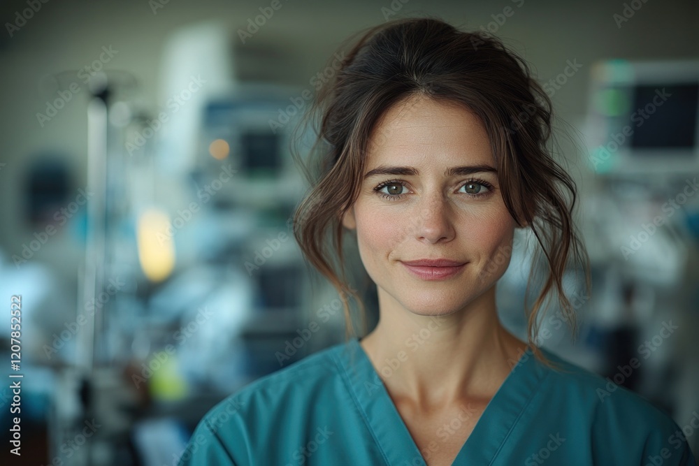 Portrait of a Confident Healthcare Professional in Scrubs, Smiling in a Busy Hospital