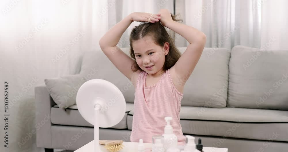 Young girl brushing hair in front of round mirror surrounded by beauty products. Bright cozy room emphasizes routine, grooming, and self-expression while highlighting personal care moments Young girl brushing hair in front of round mirror surrounded by beauty products. Bright cozy room emphasizes routine, grooming, and self-expression while highlighting personal care moments