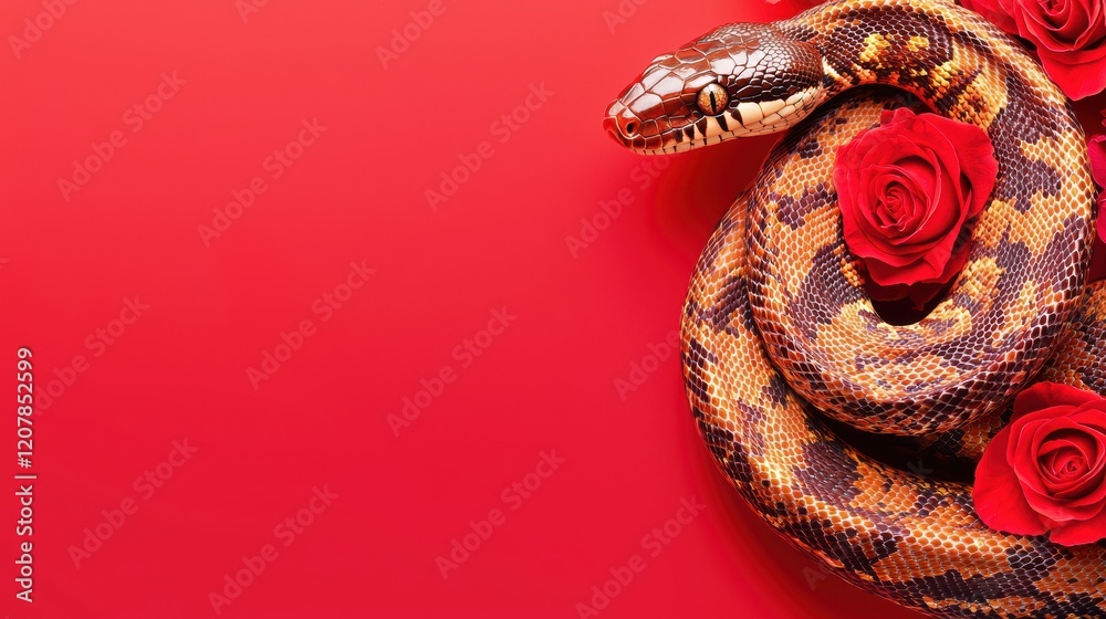 Obraz premium Luxurious design featuring a coiled snake with vibrant red and gold scales intertwined with roses, blending beauty and danger