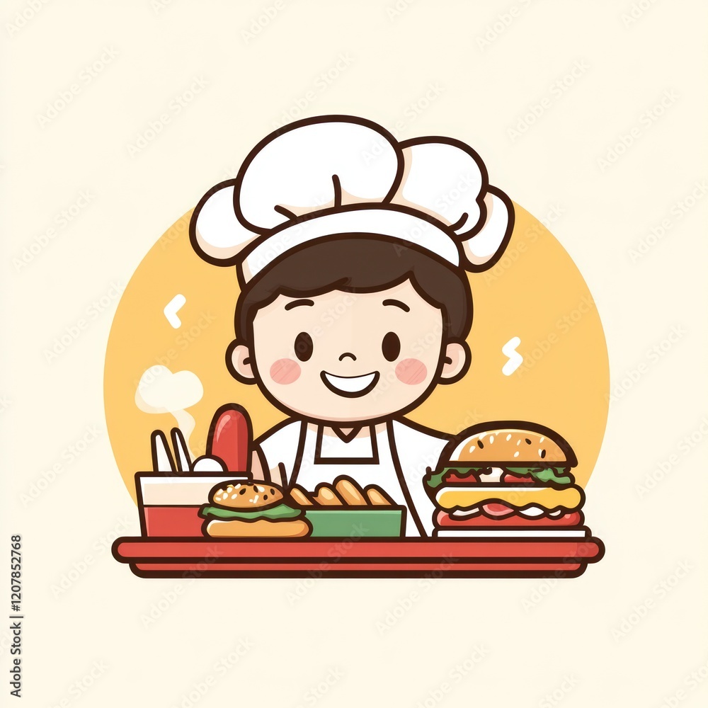 Cartoon chef preparing food, happy expression, food display, illustration, possible use children's cookbook, restaurant promotion Cartoon chef preparing food, happy expression, food display, illustration, possible use children's cookbook, restaurant promotion