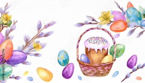 Colorful spring celebration featuring decorated eggs and a traditional cake in a woven basket