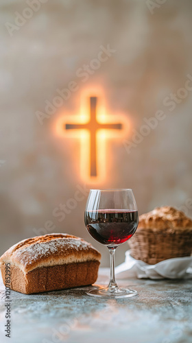 communion table featuring glass of red wine and fresh bread, symbolizing unity and faith. illuminated cross in background adds spiritual touch