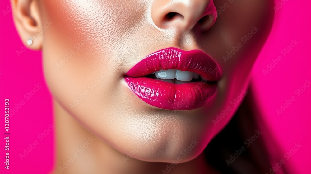 Obraz premium Close-Up of Gorgeous Model's Glossy Pink Lips on Vibrant Pink Background