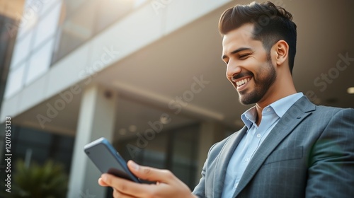 Smiling Businessman Using Smartphone Outside Modern Office Building