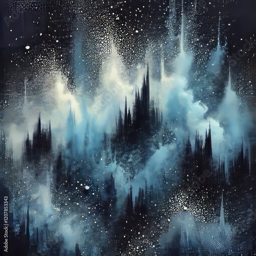 Dark and light blues are sprayed in a textured pattern reminisce