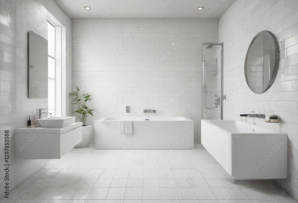 Clean and sleek white tiled bathroom with minimalist design, design, white Clean and sleek white tiled bathroom with minimalist design, design, white