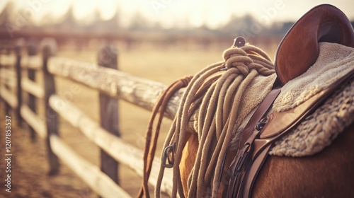 Saddle and Rope on Horse near Wooden Fence photo