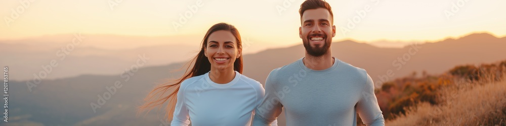A couple is smiling and running on a mountain. The man is wearing a gray shirt and the woman is wearing a white shirt A couple is smiling and running on a mountain. The man is wearing a gray shirt and the woman is wearing a white shirt