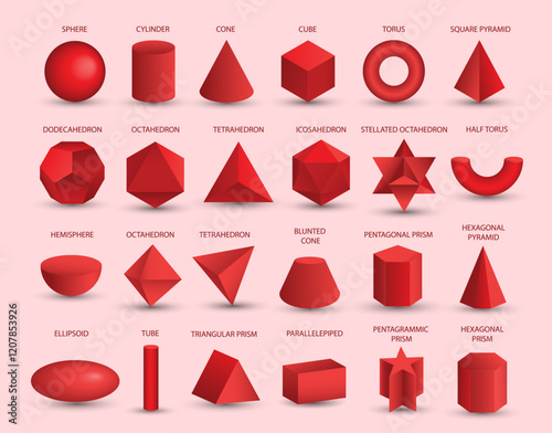 Vector realistic 3D red geometric shapes isolated on background. Maths geometrical figure form, realistic shapes model. Platon solid. Geometric shapes icons for education, business, design.