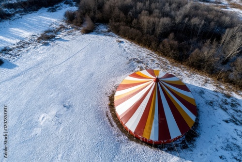 A bright red and yellow circus tent plopped in the midst of a vast snowy landscape showcases a vibrant contrast, evoking feelings of joy and solitude in winter. photo