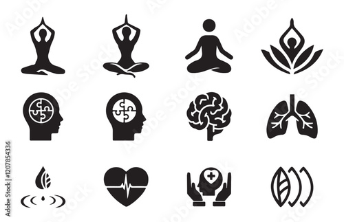 Meditation and mind relax editable icon set. Yoga icon. Heart shape. Ideas & Inspiration Icons. Vector illustration EPS 10 