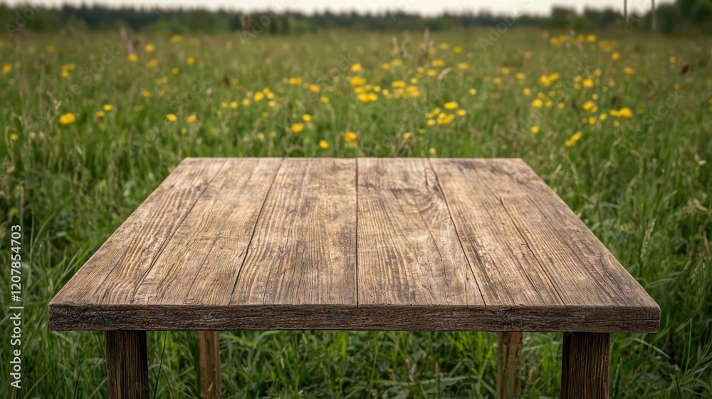 Naklejka premium Rustic table in an open field, bold grain detail, blurred wildflowers surrounding it