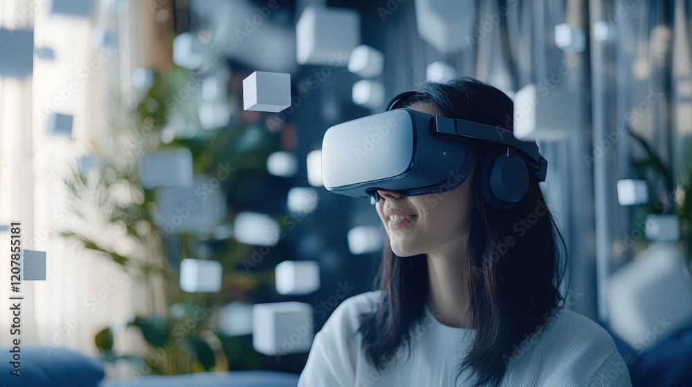 A woman wearing a VR headset explores a virtual reality environment filled with floating blocks, emphasizing an immersive digital experience and endless possibilities. A woman wearing a VR headset explores a virtual reality environment filled with floating blocks, emphasizing an immersive digital experience and endless possibilities.