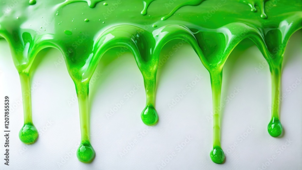 Close-up of green dripping slime on a white surface, gelatinous texture, drippy liquid, laboratory equipment Close-up of green dripping slime on a white surface, gelatinous texture, drippy liquid, laboratory equipment