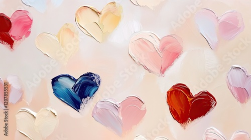 Valentines day, pattern, vibrant painting of hearts in soft pink, red, blue, and cream tones, evoking love and warmth with textured brushstrokes