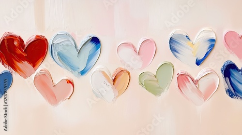 Valentines day, pattern, vibrant painting of hearts in soft pink, red, blue, and cream tones, evoking love and warmth with textured brushstrokes