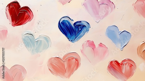 Valentines day, pattern, vibrant painting of hearts in soft pink, red, blue, and cream tones, evoking love and warmth with textured brushstrokes