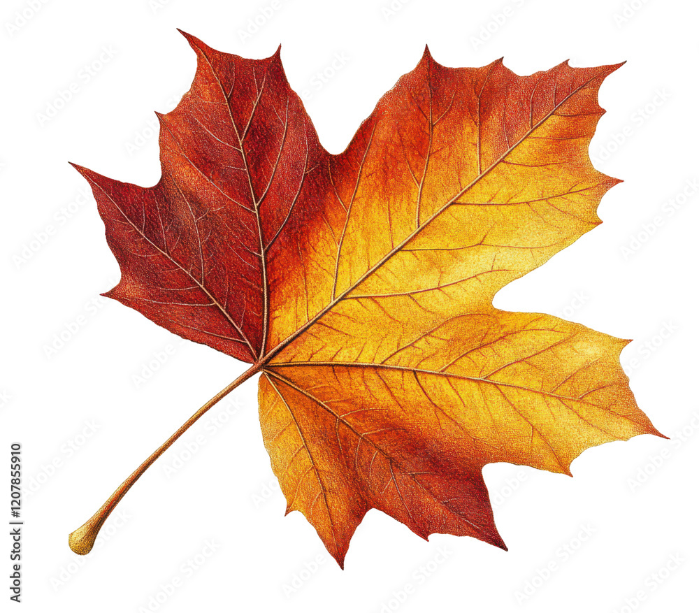 Obraz premium Vibrant autumn leaf, detailed illustration, fiery orange and yellow hues, fall foliage, botanical art, nature, isolated on white.