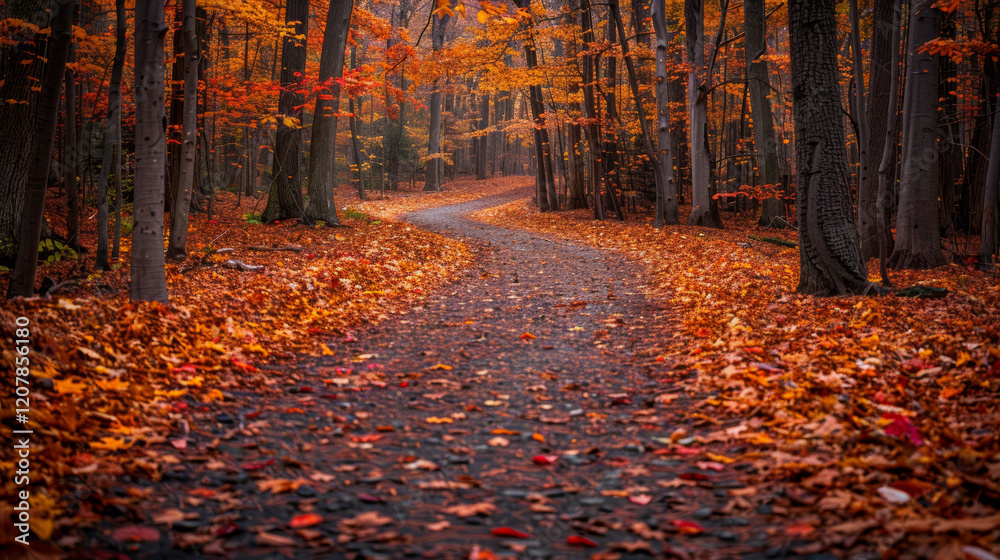 Fototapeta premium Serene Forest Path Adorned With Golden and Crimson Autumn Leaves