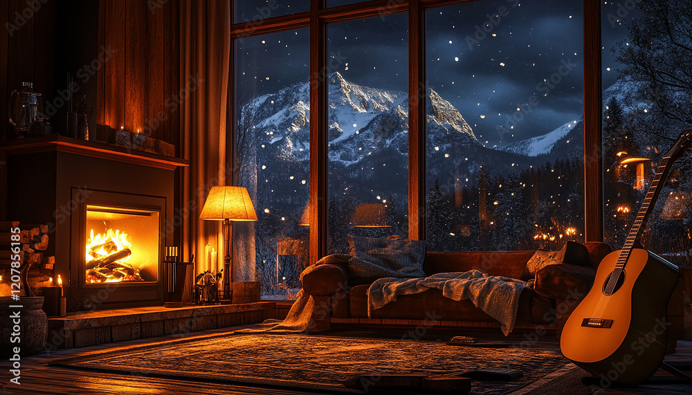 Fototapeta premium Sitting in front of the fireplace, the night view outside the large floor-to-ceiling windows is snowing