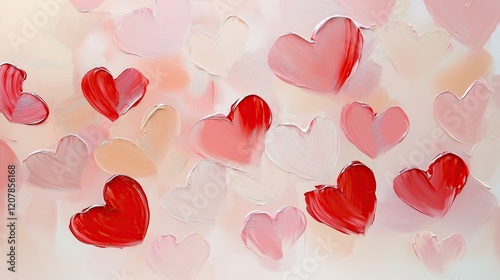 Valentines day, pattern, vibrant painting of hearts in soft pink, red, and cream tones, evoking love and warmth with textured brushstrokes