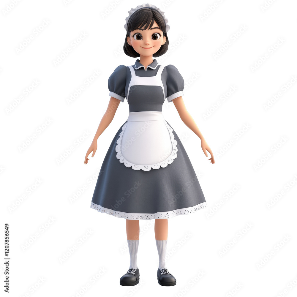 A cheerful 3D rendered cartoon maid in a grey dress and white apron stands against a white background. A cheerful 3D rendered cartoon maid in a grey dress and white apron stands against a white background.