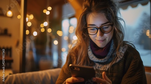 A young professional using a smartphone with a feedback survey interface displayed, featuring rating stars and a submit button, sitting in a cozy cafe environment with warm lighting and a blurred