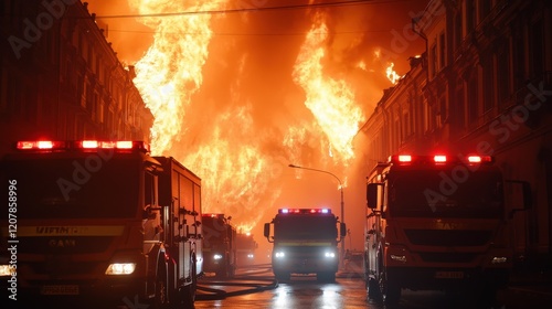 Fire emergency response urban street photo nighttime dramatic view heroism and danger photo