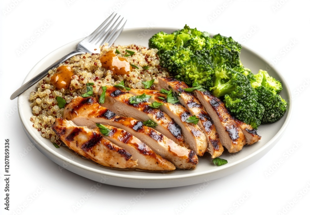 Grilled chicken breast sliced on a plate with quinoa and broccoli. Grilled chicken breast sliced on a plate with quinoa and broccoli.