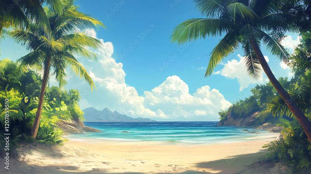 Obraz premium A serene tropical beach scene with clear blue skies, palm trees, white sand and turquoise water, evoking a sense of tranquility and natural beauty.