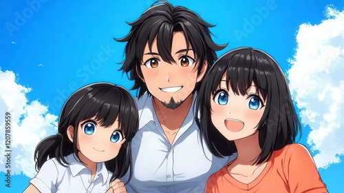 Cheerful Family Portrait with Father and Two Happy Daughters Outdoors