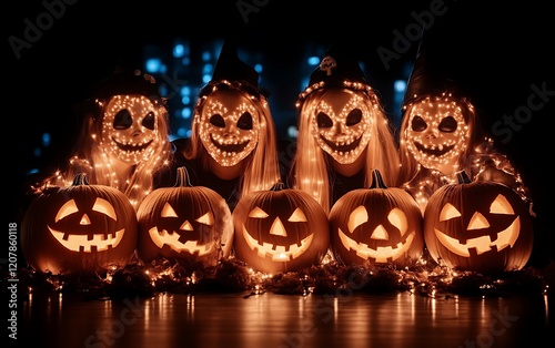 Illuminated Halloween group with pumpkins.