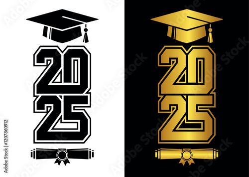 Graduating class of 2025 for greeting, invitation card. Text for graduation design, congratulation event, T-shirt, party, high school or college graduate. Illustration, vector on transparent and black