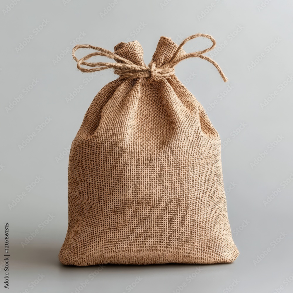 A small burlap sack tied with twine on a gray background. A small burlap sack tied with twine on a gray background.