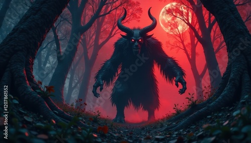 Krampus lurking in the shadows of a dark forest, twisted branches, dark, Krampus photo