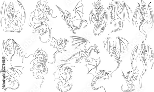 Wallpaper Mural dragons in different poses set, collection, outline sketch Torontodigital.ca