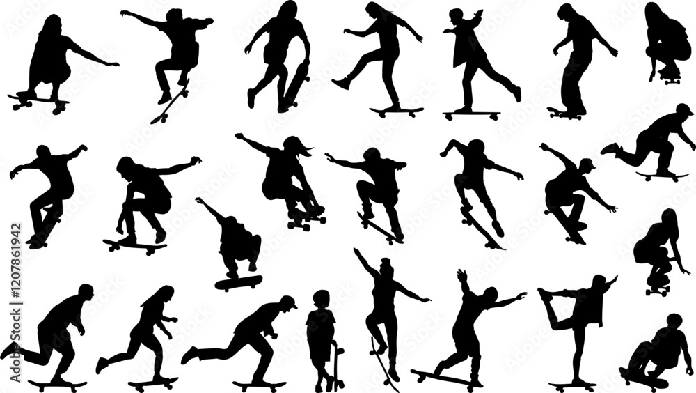 people skateboarding set in different poses silhouette vector people skateboarding set in different poses silhouette vector